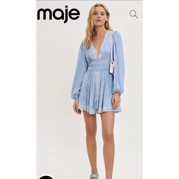 Maje Embroidered Satin Dress Flowy. Cinched Waist Size 34/XS Blue Sky Beautiful!